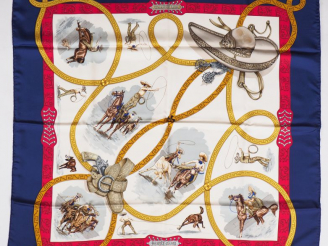 Vente aux enchères HERMES, Paris Foulard en soie polychrome, modèle "Charreada". Dessin p