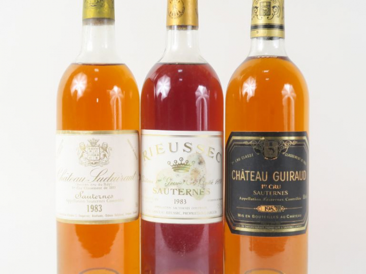 3 BOUTEILLES 1er CC SAUTERNES 1983 : 1 CHÂTEAU GUIRAUD BG - 1 CHÂTEAU 