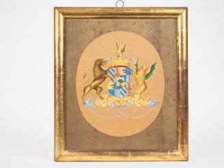 Vente aux enchères Gouache fin XIXème début XXème "armoiries". Dim. 28 x 24 cm