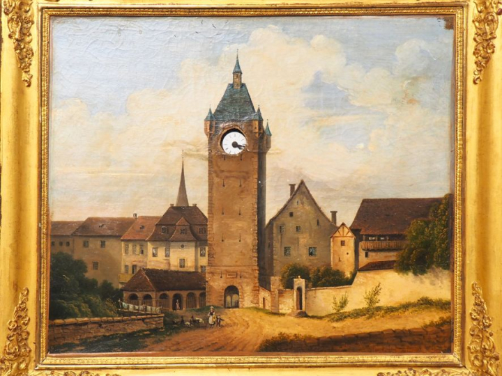 Tableau horloge XIXème à décor de ville animée.  Dim. avec le cadre d'