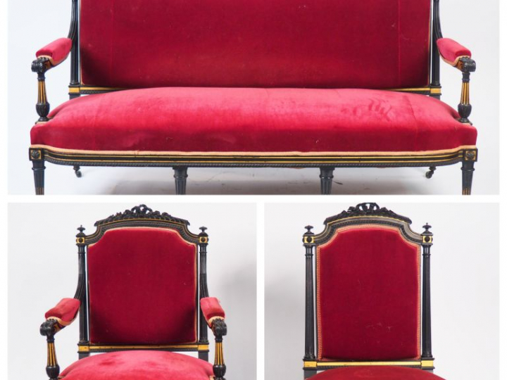 Mobilier de salon Napoléon III de style Louis XVI en bois laqué noir, 
