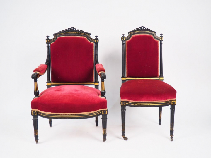 Mobilier de salon Napoléon III de style Louis XVI en bois laqué noir, 