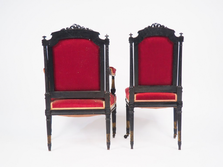 Mobilier de salon Napoléon III de style Louis XVI en bois laqué noir, 