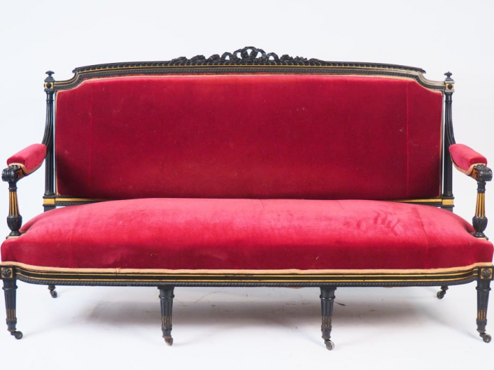 Mobilier de salon Napoléon III de style Louis XVI en bois laqué noir, 