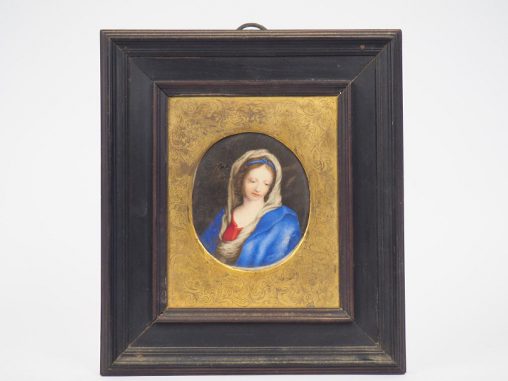 Ecole française XVIIème « portrait de la Sainte Vierge » sur vélin. Ca