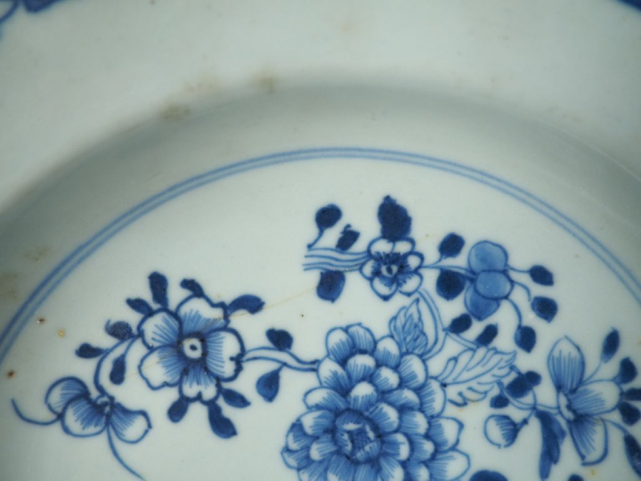 Sept différentes assiettes en porcelaine de Chine. (un fel et égrenure