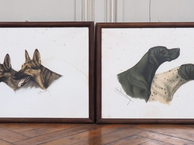 Léon DANCHIN.  Paire de lithographies « chien de chasse » et « chien l