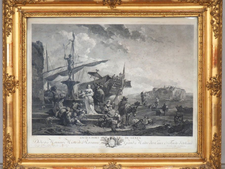 Paire de gravures en noir d’après Berghem, « l’ancien port de Gènes » 