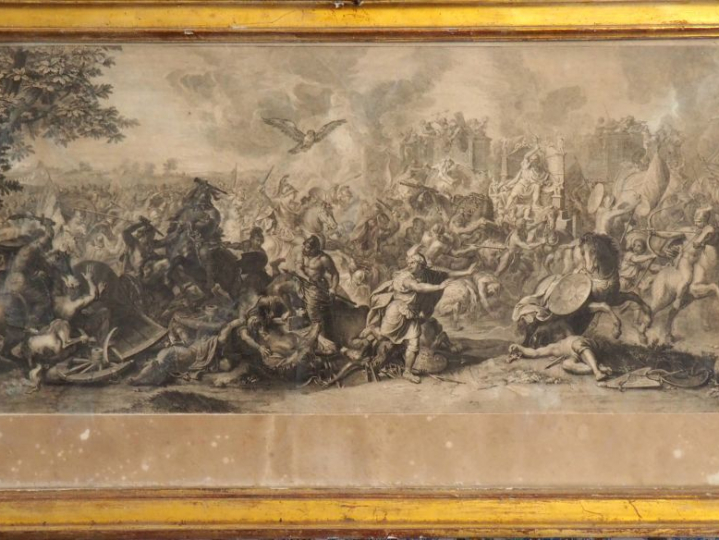 Quatre gravures XVIIème en noir.  "scène de bataille » cadres dorés. D