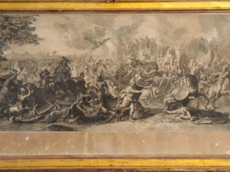 Vente aux enchères Quatre gravures XVIIème en noir.  "scène de bataille » cadres dorés. D