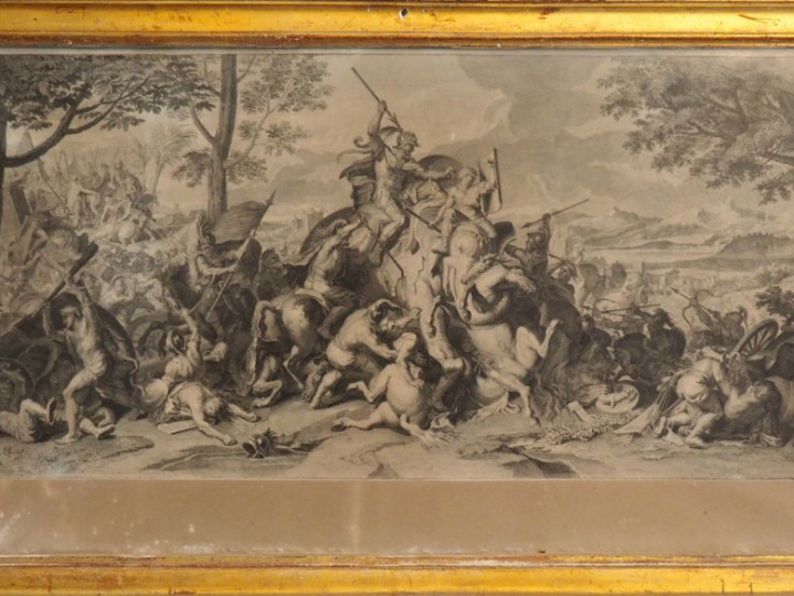 Quatre gravures XVIIème en noir.  "scène de bataille » cadres dorés. D