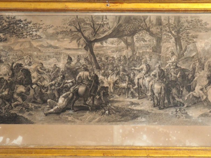 Quatre gravures XVIIème en noir.  "scène de bataille » cadres dorés. D