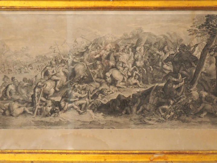 Quatre gravures XVIIème en noir.  "scène de bataille » cadres dorés. D