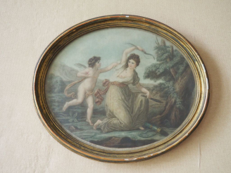 Vente aux enchères Paire de gravures ovales en couleur d’après Angelica Kauffman.