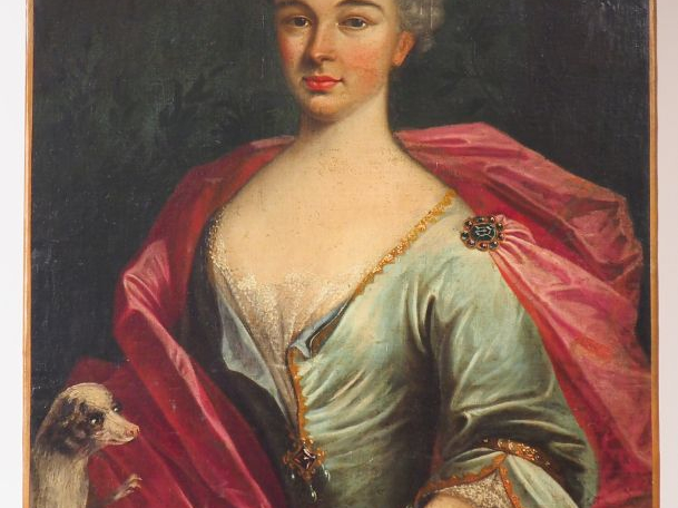 Ecole française XVIIIème. « portrait d’élégante au chien »  Huile sur 