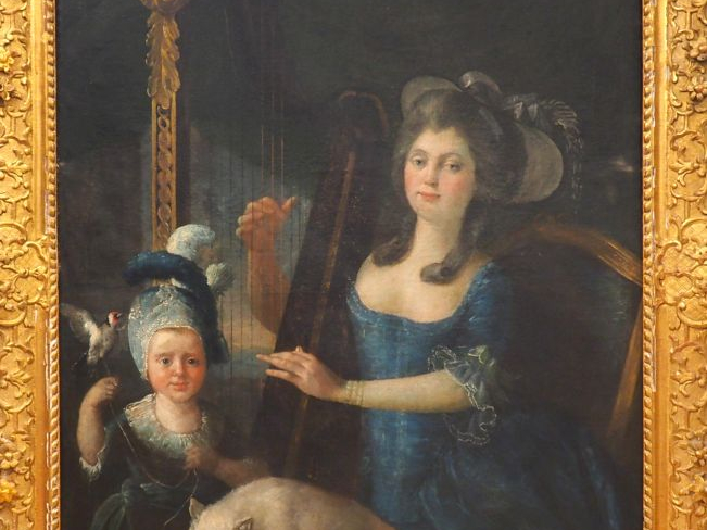 Ecole française vers 1770.  'La jeune mère harpiste". Huile sur toile 
