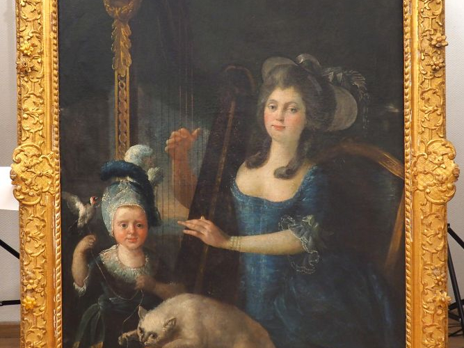 Ecole française vers 1770.  'La jeune mère harpiste". Huile sur toile 