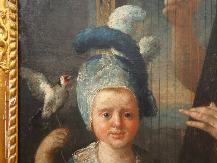 Ecole française vers 1770.  'La jeune mère harpiste". Huile sur toile 