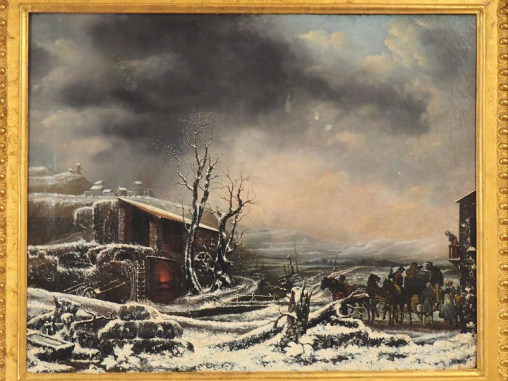 MALLEBRANCHE.  « effet d’hiver, le relais de poste ». Huile sur toile.