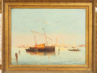 Vente aux enchères Ecole Italienne fin XIXème.  "Venise, l'entrée du grand canal"  Huile 