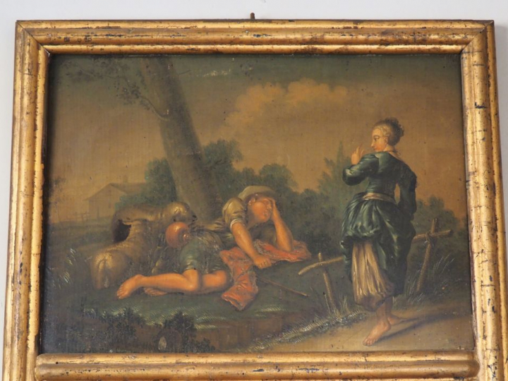 Petit Trumeau XIXème à décor de scène bucolique. Dim. 118 x 47 cm