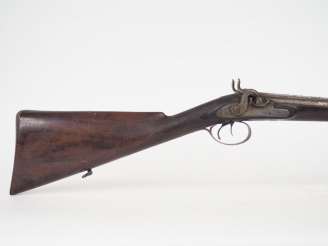 Vente aux enchères Fusil de chasse Anglais à percussion et platine à l’avant. Canons dama