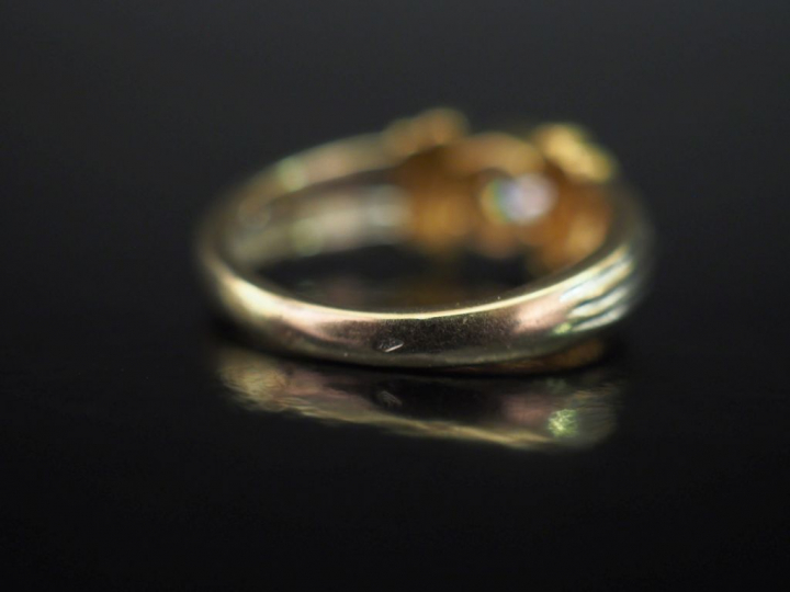 Bague deux tons d'or 750, ornée en son centre d'un diamant serti clos 