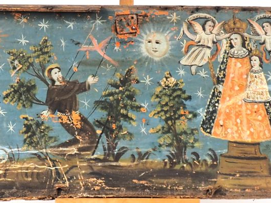 Ecole Sud Américaine.  Devant de coffre XIXème en bois polychrome à dé