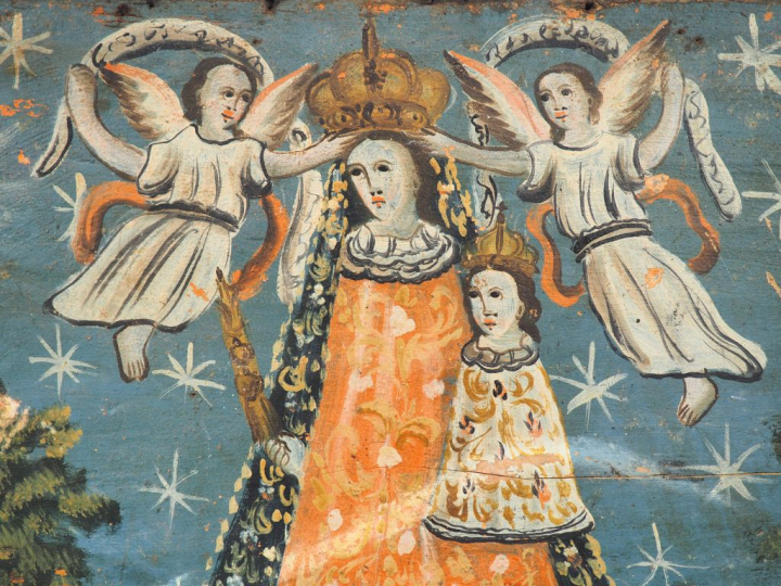 Ecole Sud Américaine.  Devant de coffre XIXème en bois polychrome à dé