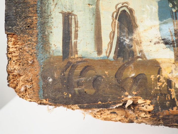 Ecole Sud Américaine.  Devant de coffre XIXème en bois polychrome à dé