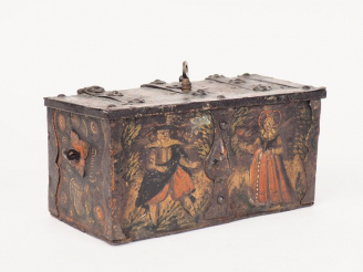 Vente aux enchères Cassette ou coffre à messages XVIIème en fer polychrome à décor de per