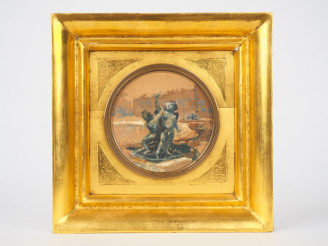 Vente aux enchères Ecole française 1900.  Miniature en tondo "sculptures dans le parc de 