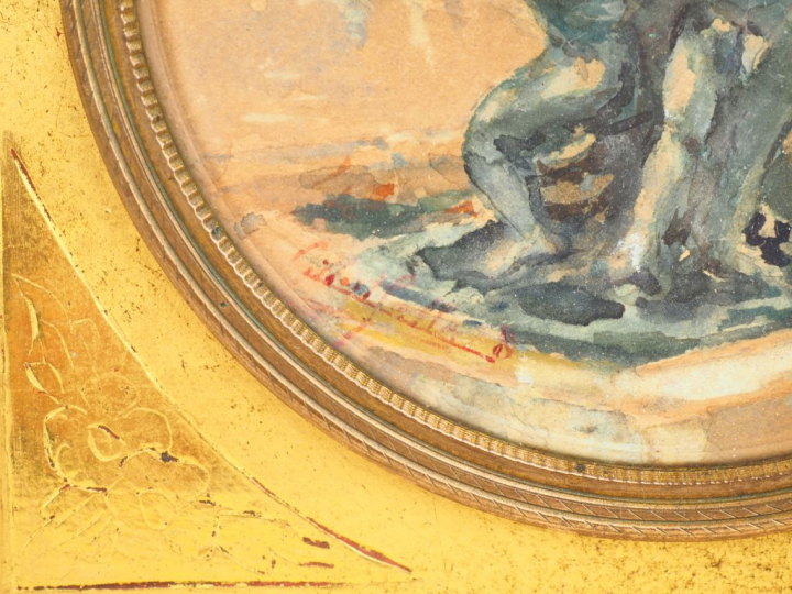 Ecole française 1900.  Miniature en tondo "sculptures dans le parc de 