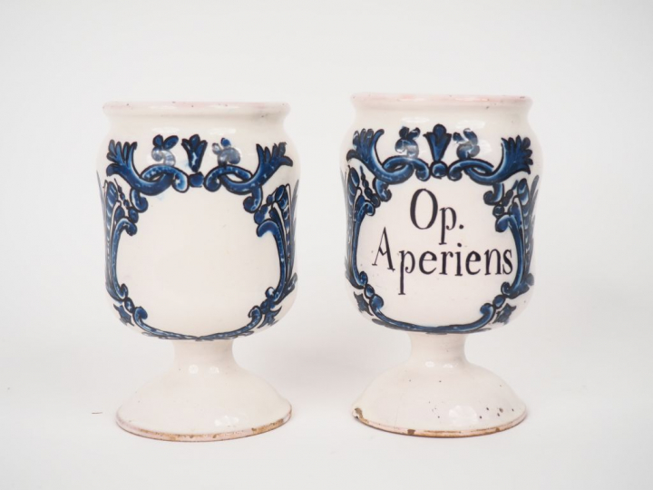 Paire de petits pots de pharmacie XIXème en faience, décor de cartouch