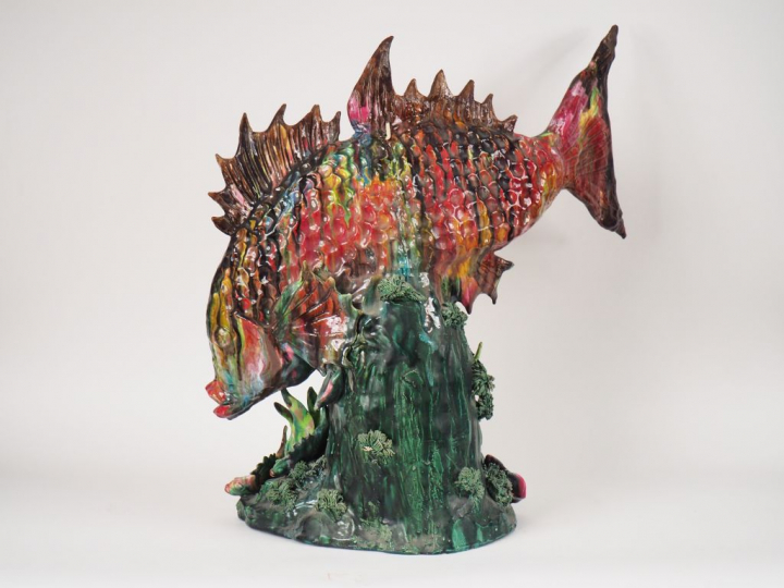 Grand groupe en céramique de Vallauris "poissons et plantes aquatiques