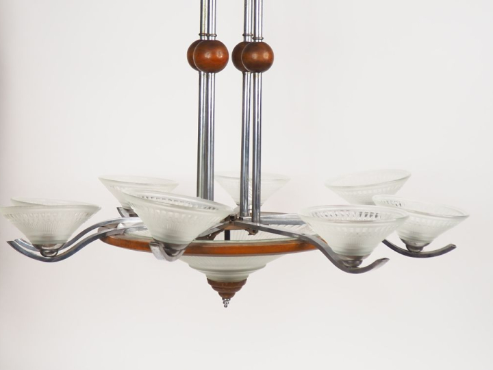 Lustre 1950 en verre translucide et sablé, bois et métal chromé, éclai