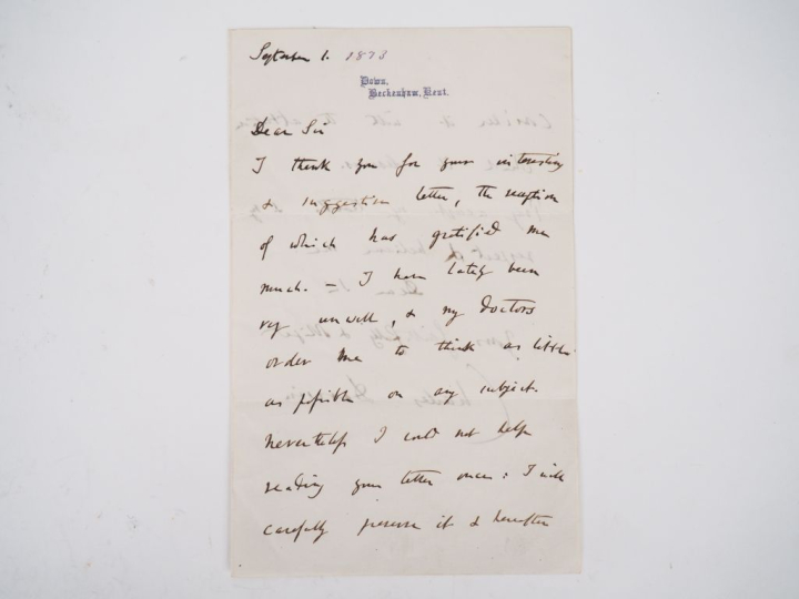 DARWIN (Charles). LETTRE AUTOGRAPHE SIGNÉE adressée au philosophe autr