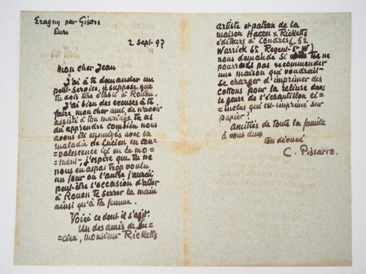 PISSARRO (Camille). LETTRE AUTOGRAPHE SIGNÉE à « Mon cher Jean ». Erag