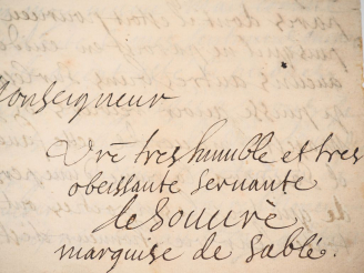 Vente aux enchères SOUVRÉ (Marquise de Sablé, Madeleine de). LETTRE AUTOGRAPHE signée. [F
