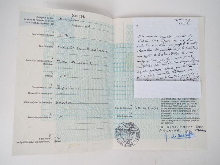 STAËL (Madame de). LETTRE AUTOGRAPHE adressée à Masclet. Coppet, 29 Th