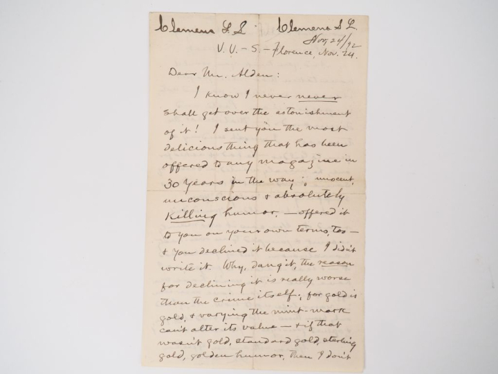 TWAIN (Mark) [Samuel Langhorne Clemens, dit :]. LETTRE AUTOGRAPHE SIGN