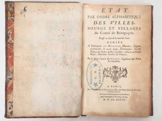 Vente aux enchères [BOURGOGNE]. QUERRET (J.). ÉTAT PAR ORDRE ALPHABÉTIQUE DES VILLES, BOU