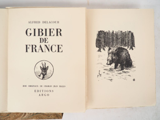 Vente aux enchères [CHASSE]. DELACOUR (A.). GIBIER DE FRANCE. P., Éditions Argo, 1929. In
