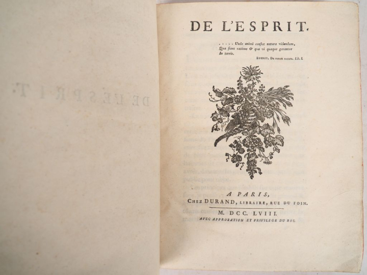 HELVÉTIUS (Claude-Adrien). DE L’ESPRIT. Paris, Durand, 1758. In-4 veau