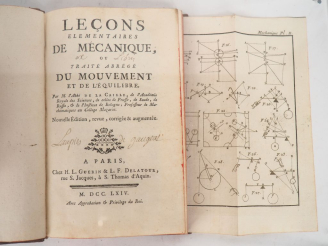 Vente aux enchères LACAILLE (N.-L. de). LEÇONS ÉLÉMENTAIRES DE MÉCANIQUE, ou Traité abrég