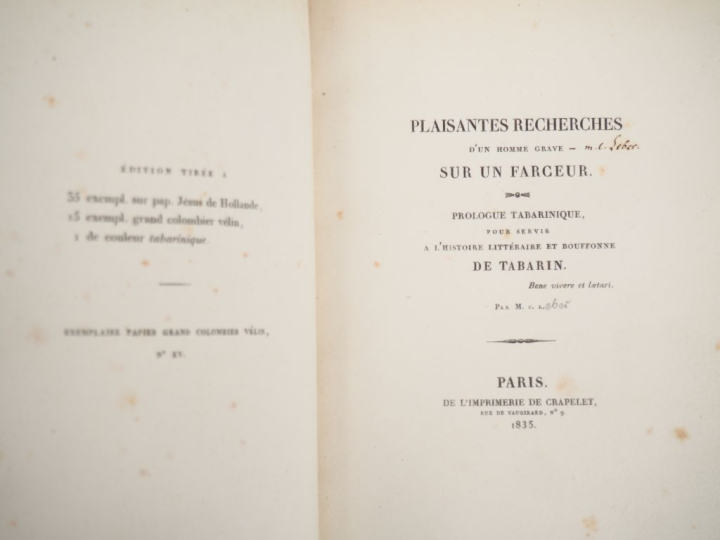 [LEBER (C.)]. PLAISANTES RECHERCHES D'UN HOMME GRAVE SUR UN FARCEUR. P