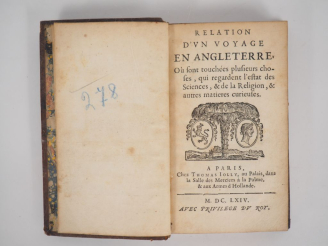 Vente aux enchères [SORBIÈRE (Samuel)]. RELATION D’UN VOYAGE EN ANGLETERRE, où sont touch