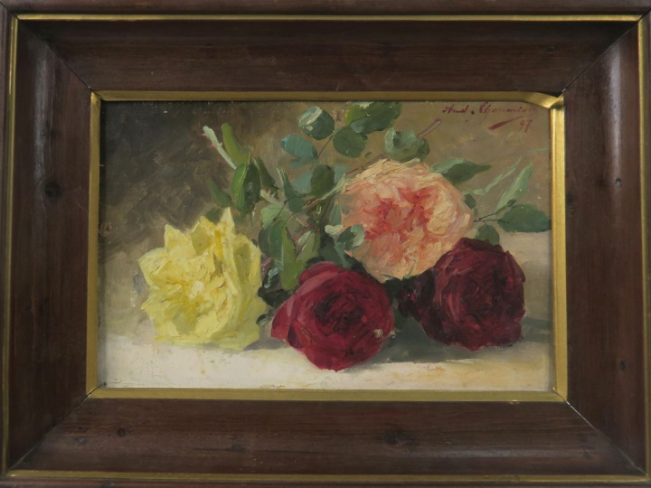 André CHAUMIERE. "Nature morte aux roses". Huile sur toile, signée en 