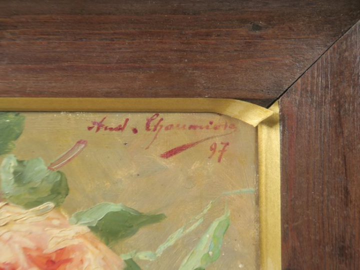 André CHAUMIERE. "Nature morte aux roses". Huile sur toile, signée en 