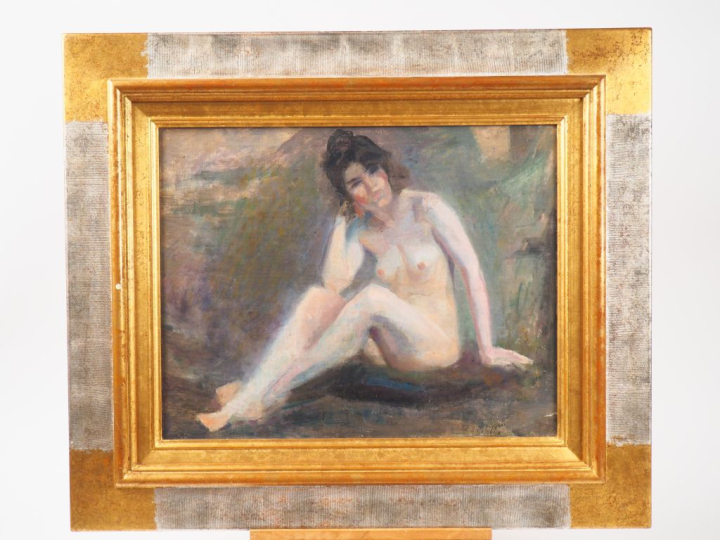 François-Alfred DELOBBE. "nue assis". Huile sur toile, signée en bas à